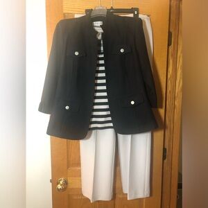 Women's Three Piece Pants Suit. Black Jacket, Cream Pants with Striped Top